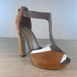 MRKT Aliya Pumpkin Suede Snakeskin T-Strap Platform Peep Toe Heels Brown Size 9